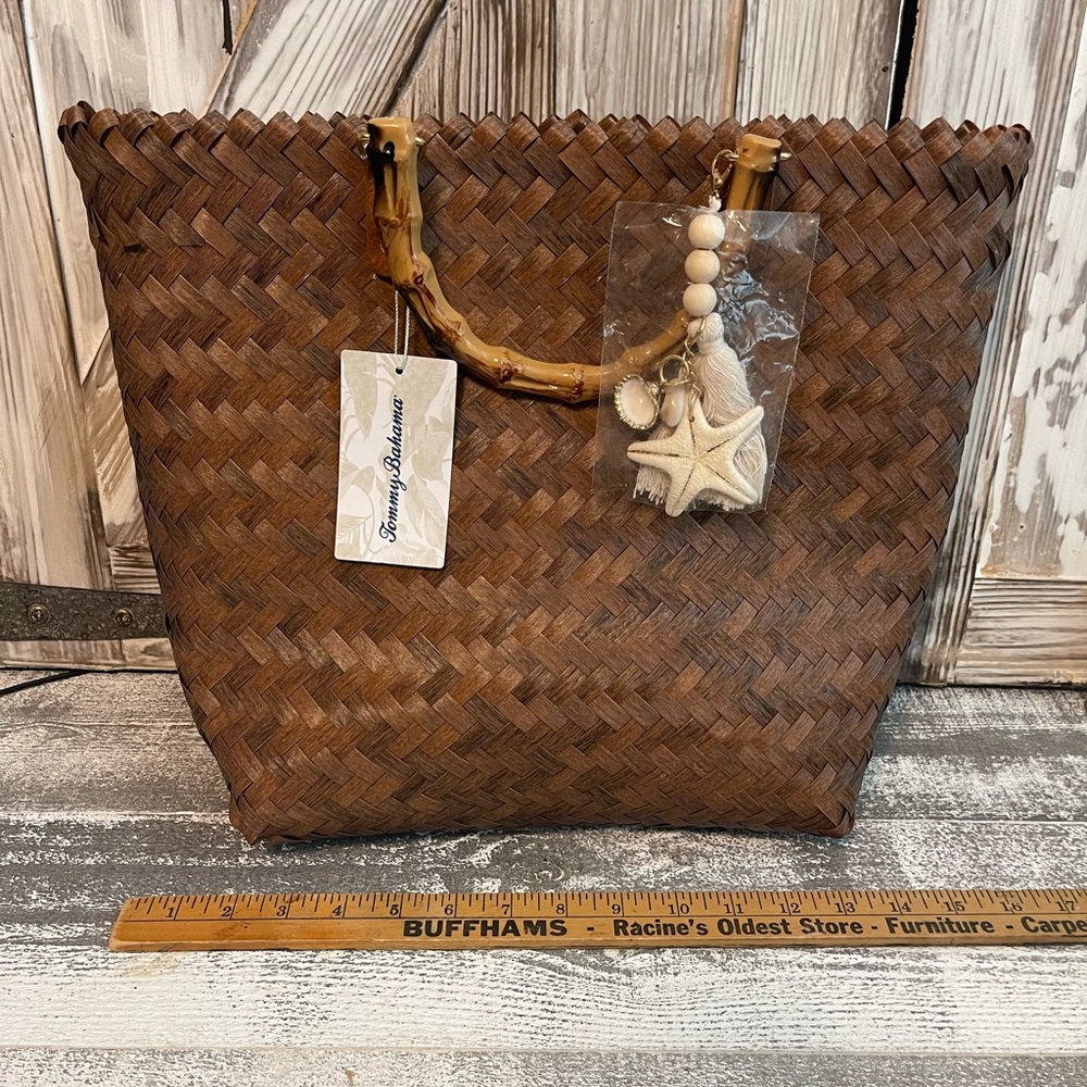 Tommy Bahama NWT Large Woven Tote Bag Brown Bamboo Handle Beach Resort Purse - Picture 5 of 12